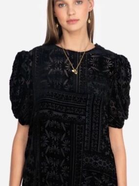 Johnny Was Jade Amatan Ruched Velvet Burnout Sheer Puff-Sleeve Top